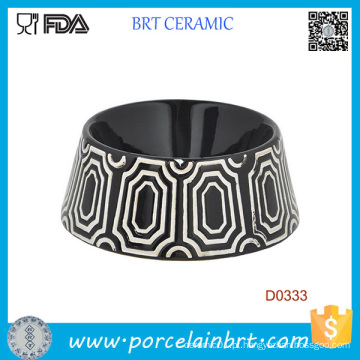 Bacia cerâmica do alimento de cão do teste padrão decorativo preto redondo da forma